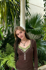 Korean Retro Ribbed Knit T-shirt Button Up Long Sleeve Sweater Women