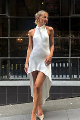Elegant Asymmetrical High Low Sleeveless Halter Formal Dress