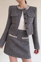 Gray Herringbone Boucle Skirt Tweed Suit Set