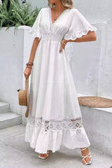 Solid Color V Neck Lace Paneled Chic Boho Dress