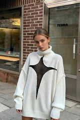 JuliaFashion - Y2K Spring Autumn Hollow Out Knitwear Mesh Patchwork Long Sleeve High Neck Ribbed Knitted Pullovers Sweater