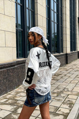 Lace Sheer V Neck Print Sweatshirt