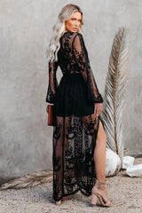 Lace Long Sleeve V Neck Solid Chiffon Boho Dress