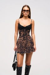 Leopard Print Patchwork Cami Lace Dress