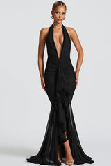 Elegant Mesh Paneled V Neck Halter Backless Long Formal Dress