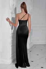 One Shoulder Ruched Waist Slit Sexy Formal Dress