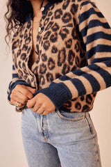 Leopard Print Contrast Cardigan Sweater