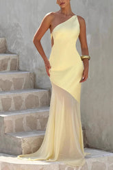 One Shoulder Sleeveless Backless Mesh Gown Prom Dress