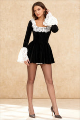 Sexy Square Neck Lace Trim Flared Sleeve Mini Dress