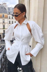 White Backless Tie Waist Blouse
