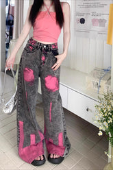 Graffiti Print High Street Straight Wide Leg Flowy Jeans