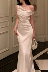 Satin Asymmetrical Cowl Neck Mermaid Gown Silk Dress