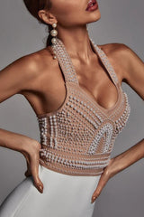 Pearl Beaded Halter Colorblock Bandage Cocktail Dress