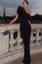 One-Shoulder Feather Trim Party Dress