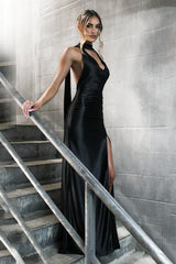 Chic Sexy Deep V Halter Backless Satin Ribbon Formal Dress