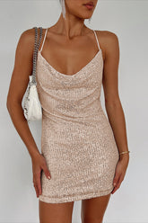 Backless Low Cut Spaghetti Strap Beaded Mini Sequin Dress
