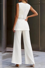 Solid V Neck Sleeveless Wide Leg Two Piece Set