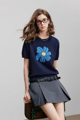 Botanical Print Round Neck Knit Top