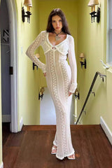 Sexy V Neck Long Sleeve Split Lace Dress