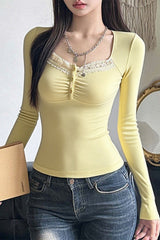 Retro Ribbed Lace Long Sleeve Top