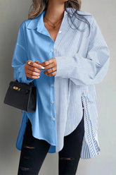 Striped Plus Size Asymmetric Panel Side Tie Button Blouse