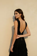 Solid Raffia Panel Knit Midi Chic Cocktail Dress