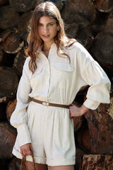 Cotton Linen Long Sleeve Slim Fit Waist Short Jumpsuit