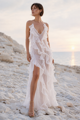 Plunge Mesh Asymmetric Ruffle Trim Long Slip Dress