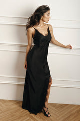 Satin Spaghetti Strap Split Lace Dress