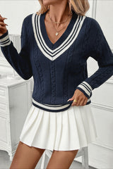 Contrast V-Neck Cable Knit Sweater