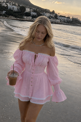 Lantern Sleeve Lace Up Off Shoulder Top Two Piece Shorts Set