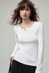 Stretchy Ribbed Henley Long Sleeve Top