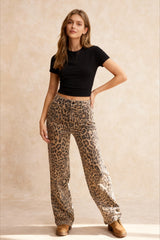 Leopard Print High Waist Straight Leg Denim Jeans