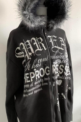 Vintage Black Goth Punk Fleece Lined Letter Zip Hoodie