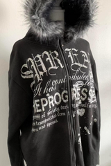 Vintage Black Goth Punk Fleece Lined Letter Zip Hoodie