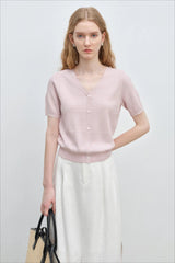 French Knit V-Neck Short Sleeve Cardigan