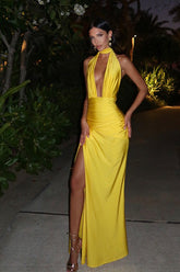 Sexy V Neck Halter Backless Solid Color Slit Formal Dress