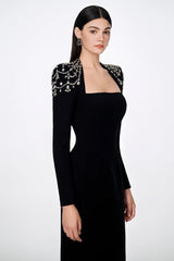 Elegant Square Neck Rhinestone Long Sleeve Bandage Cocktail Dress