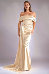 Solid Satin Off-Shoulder Strapless High Waist Formal Dress