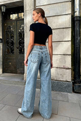 Solid Color Wide Leg Denim Jeans