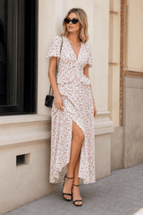 Elegant Puff Sleeve V Neck Slim Waist Long Floral Dress