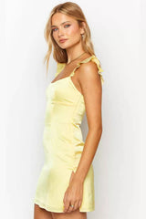 Solid Satin Ruffled Strap Sleeveless Mini Silk Dress