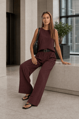 Stripe Crew Sleeveless High Waist Wide Leg Work Set