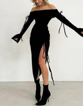 Off Shoulder Flare Sleeve Midi Dress