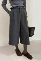 Wool Blend High Waist Ankle Crop Wide Leg Relaxed Pants