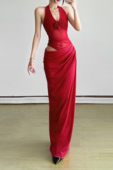 Sheer V-Neck Halter Party Dress