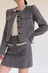 Gray Herringbone Boucle Skirt Tweed Suit Set