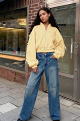 Embroidered Side Bow Zip Up Hoodie