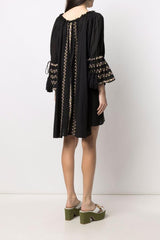 Bohemian Floral Embroidered Black Cotton Flare Boho Dress