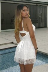 Sexy Solid V Neck Ruffled Lace Dress